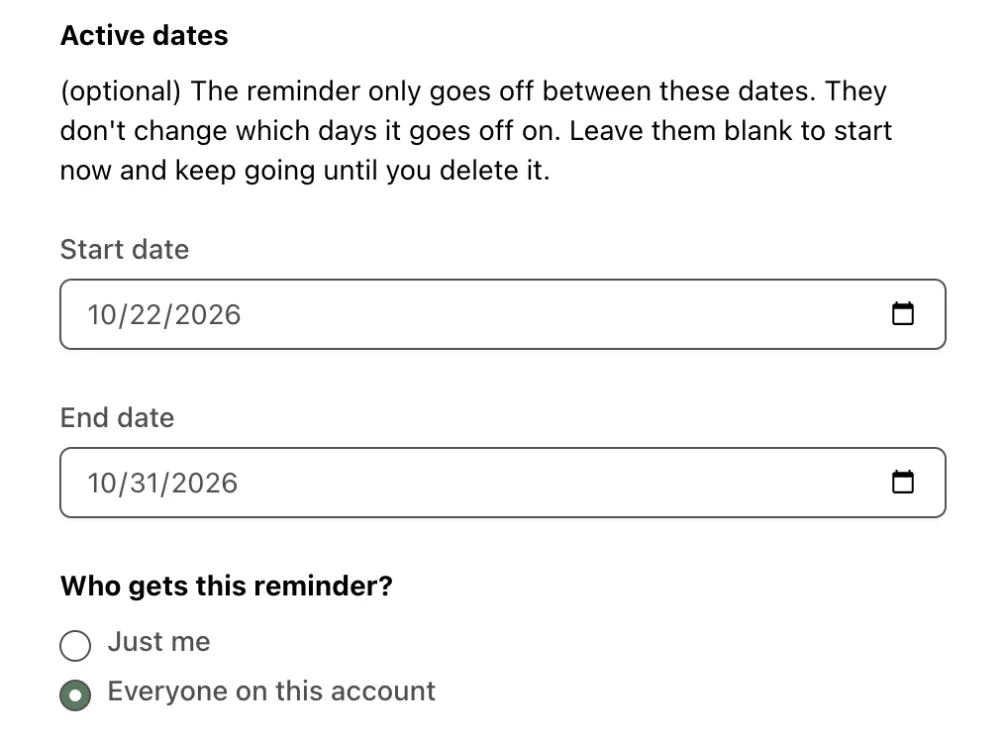 Setting start and end dates for a reminder and sending it to everyone on the Hospet account
